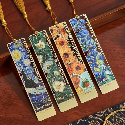 4 PCS Metal Bookmark with Tassel, Van Gogh Art Book Marks for Reading Women & Men,Book Lover Gifts for Teacher, Writers, Readers