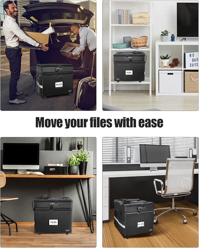 DEEGO Rolling File Box, Fireproof Document Box with Wheels Multi-Layer Water-Resistant File Organizer Portable file Cabinet Document Safe filing box for Home Office for Hanging Letter/Legal Folder