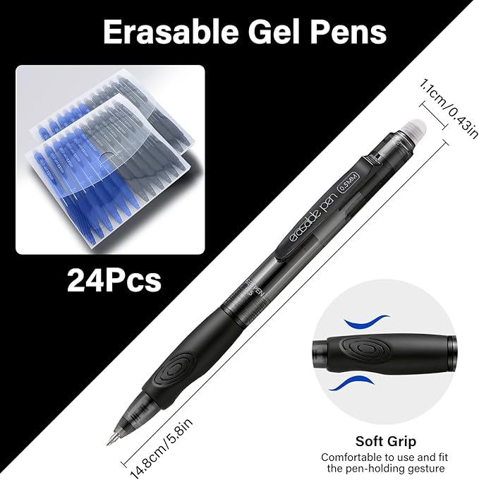 EUSOAR Erasable Gel Pens, 24 Pack (12 Black & 12 Blue) Erasable Pen Smooth Writing 0.5mm, Dry Erase Pens Clicker Fine Point for Office School Note Taking Planner Sketching Crossword Puzzles