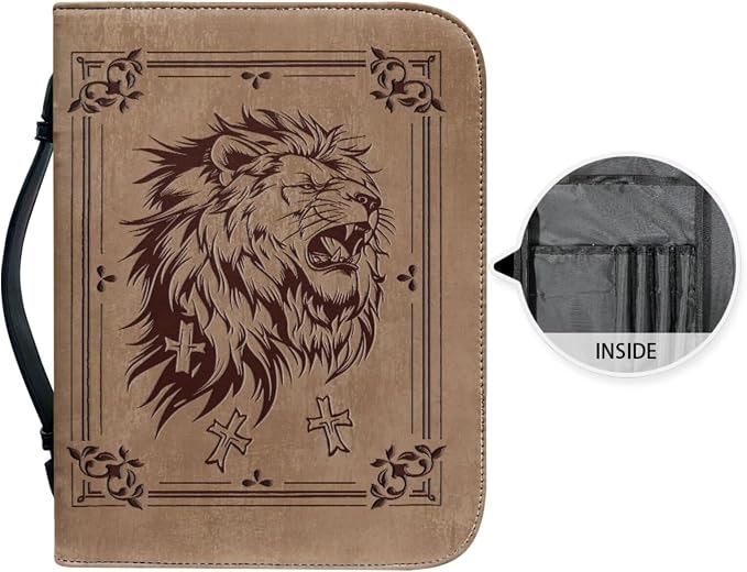 Vintage Religious Lion Bible Case with Bookmark Waterproof Bible Cover Case for Women Lightweight Bible Bag with Handle Pockets Church Book Bag Brown