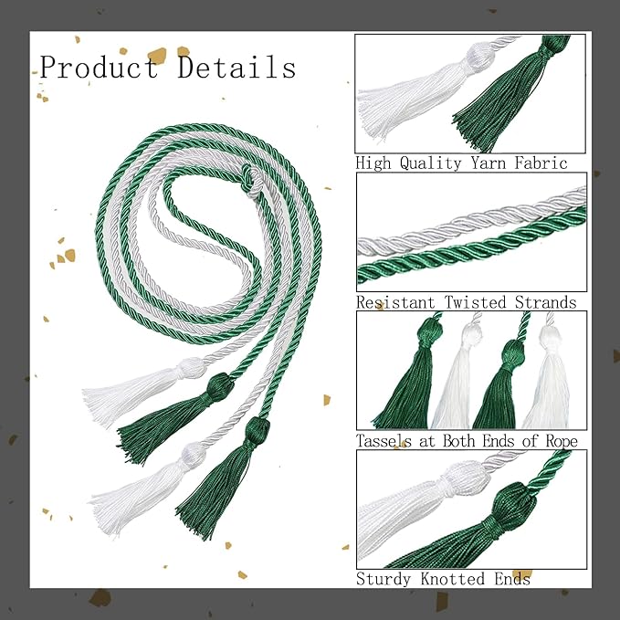 Graduation Double Honor Cords with Tassels Braided Academic Ropes for High School College Ceremony 68 Inch (Kelly Green+White)