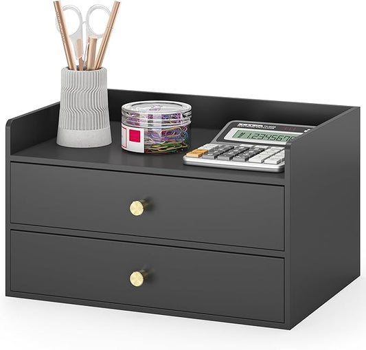 Bamboo Desk Organizer with Drawers Wooden Desktop Storage Organization Box for Bills Office Supplies Kitchen Utensils Organizing Tool for Home Classroom Vanity, No Assembly Required (2 Drawers, Black)