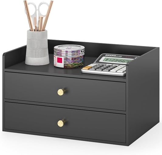 Bamboo Desk Organizer - Stackable, No Assembly Required, Ideal for Office/Home Use - Perfect for Toiletries, Stationery, Accessories. (Black, Two level drawer box with sides)