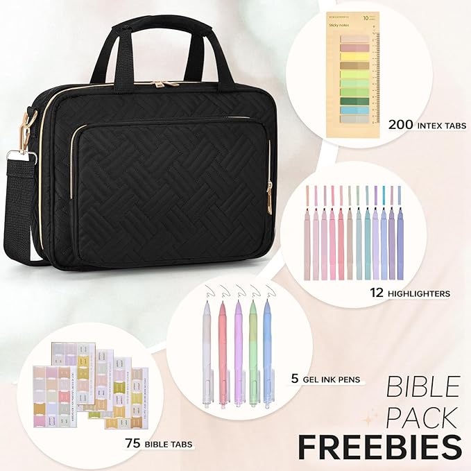Bible Cover Case for Women Bible Study Supplies Christian Gifts for Women Church Camp Essentials Christian Bible Journaling Kit Quilted Large Bible Cover with Durable Handle (Black, Large)