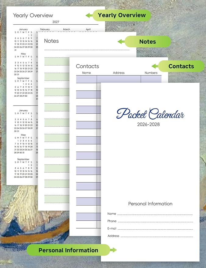 Pocket Calendar 2026-2028 Art Series, Monthly Planner Jan 2026 to Jul 2028 (3.7" x 6.7") Perfect Purse Calendar, Pocket Agenda with Protective Plastic Sleeve-Boat