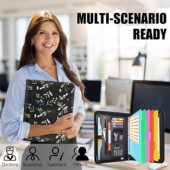 Eshow Portfolio Organizer - 3 Ring Binder with Zipper, Vegan Leather Business Padfolio Folder with Notepad Includes 5 Color Sheet Protectors for Documents Files for Men Women