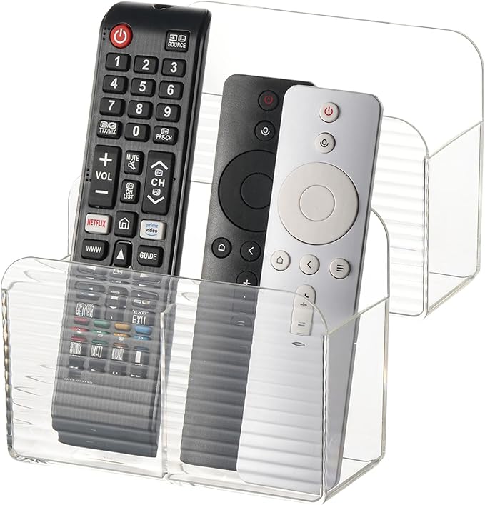 LINFIDITE 2 Pack Adhesive TV Remote Control Holder Wall Mount TV Remote Holder For Bedside Wall Remote Control Caddy Storage Organizer Stand Box （For 2 Or 4 Remote Controls – Transparent ）