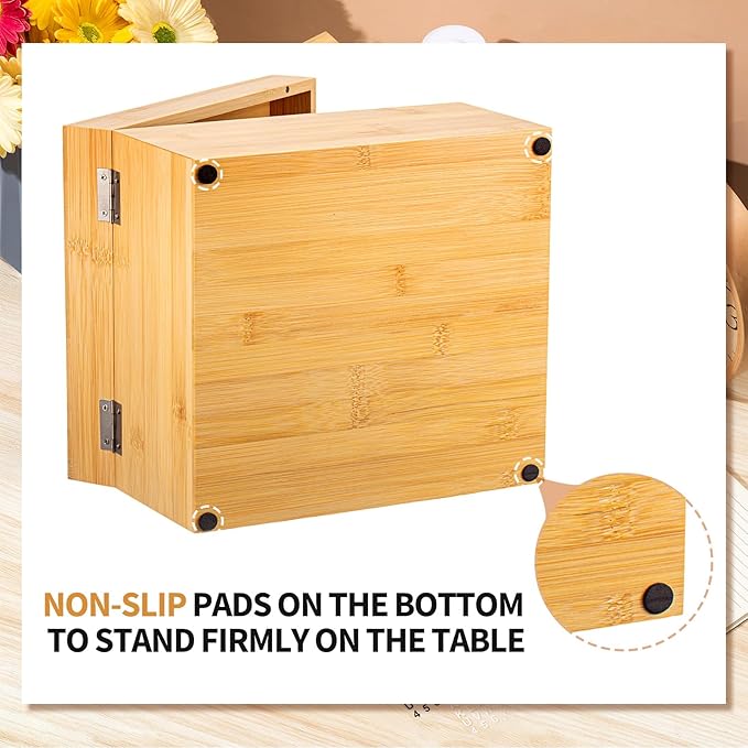 Henoyso 5 x 8 Inch Index Card Holder Set, Bamboo Organizer Box with 50 Dividers & 2 Sheets Alphabet Number Stickers File Note Holders, Holds 1200 Cards for Office Business Home Kitchen, Wooden Color
