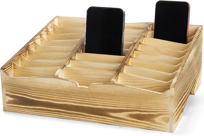Lawei 24 Grid Wooden Cell Phones Storage Box, Desktop Mobile Phone Holder Caddy, Multi Classroom Cell Phones Organizer for School, Office, Meeting Room, Cell Phone Rack Display, No Assembly