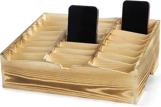 Lawei 24 Grid Wooden Cell Phones Storage Box, Desktop Mobile Phone Holder Caddy, Multi Classroom Cell Phones Organizer for School, Office, Meeting Room, Cell Phone Rack Display, No Assembly