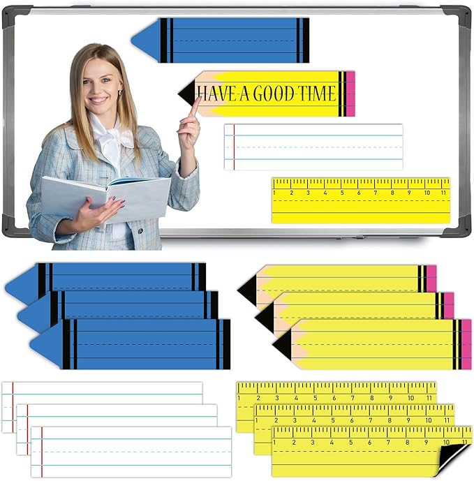 FYSUIMU 12Pcs Back to School Magnetic Dry Erase Sentence Strips Pencil Crayon Ruler Notebook Style Reusable Magnetic Border Strip for Teacher Whiteboard Classroom Office Supplies