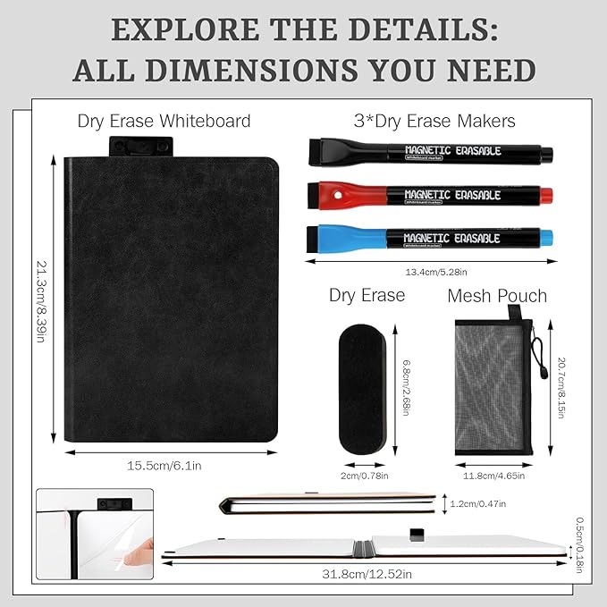 8.4" x 6" Portable White Board Dry Erase Notebook, PU Leather Shell Double Sided Folding Whiteboards with 3 Pens, Small Travel Dry Erase Board for Study, Meeting, Planning,doodling,Gift for Child