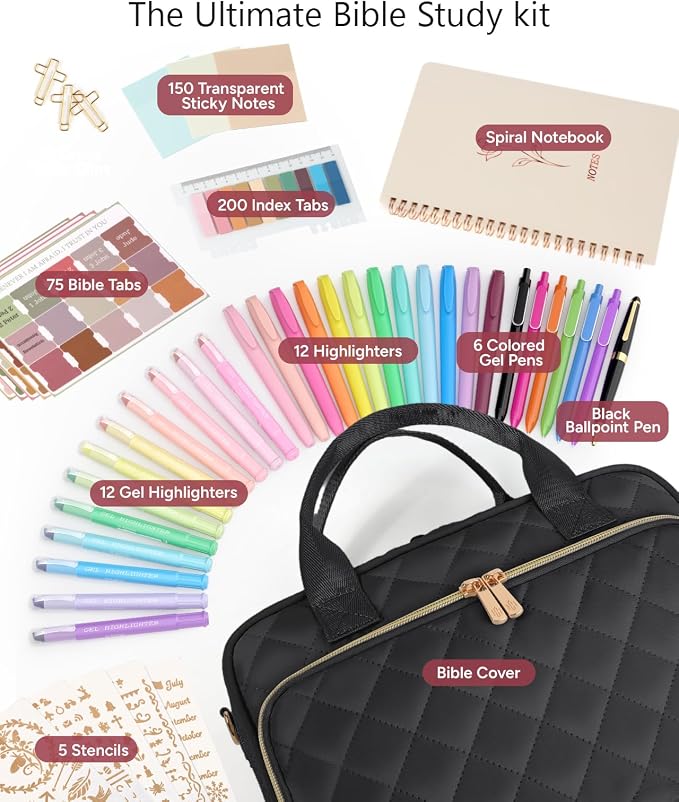 BellaHold All-in-One Bible Journaling Kit – Quilted Bible Cover Case for Women, 31 Highlighters, 75 Tabs, Bible Study Supplies & Christian Gift for Women and Teens (Shoulder Strap, Black)