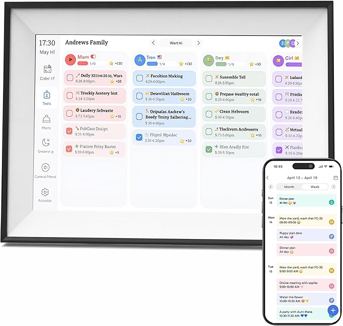 10.1" Smart Family Calendar, Touchscreen All-in-One Planner & Chore/Meal Chart, Wi-Fi Sync with Google/Outlook/iOS, Shared Reminders & App Control, Desk/Wall Organizer + Digital Photo Frame (Black)