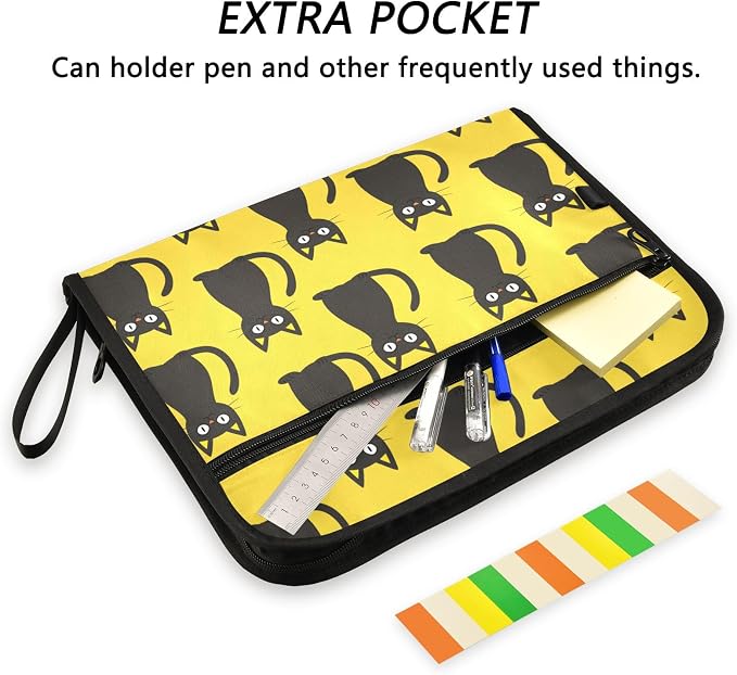 Black Cats Yellow File Folders,Plastic Folders with 13 Pockets,Expandable File Folder for Documents School Students Office,Aesthetic Folder with Labels A4 Letter Size