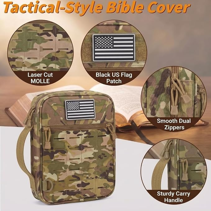 Tactical Bible Cover for Men, Large Bible Case with Shoulder Strap & US Flag Patch, Water Resistant Bible Carrier Bag with Handle, Multi Pockets for Church Study & Travel （Camo）