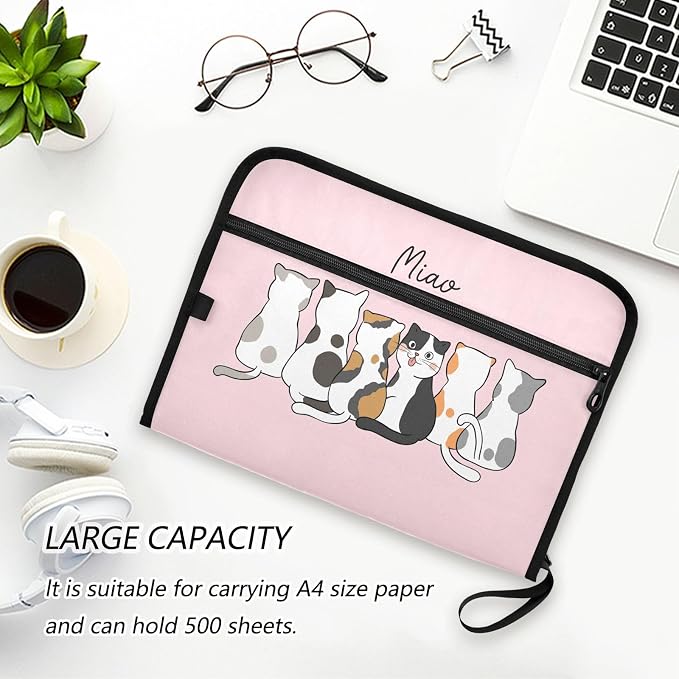 Cute Cats Pink Expanding Accordion File Folder with 13 Pockets and Zipper Closure