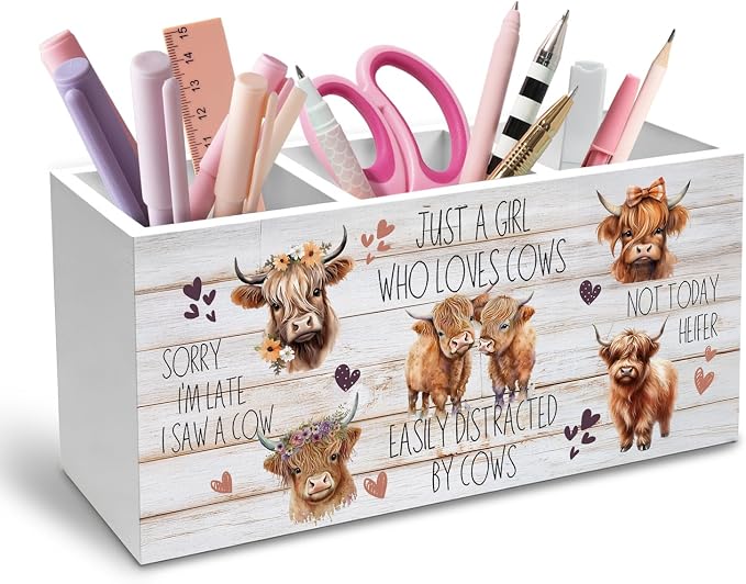 Just a Girl Who Loves Cows Pen Holder for Desk, Highland Cow Lover Gifts Pencil Organizer, Farmhouse Floral Highland Heifer Wooden Box Sign Desk Decor for Home Office Decoration