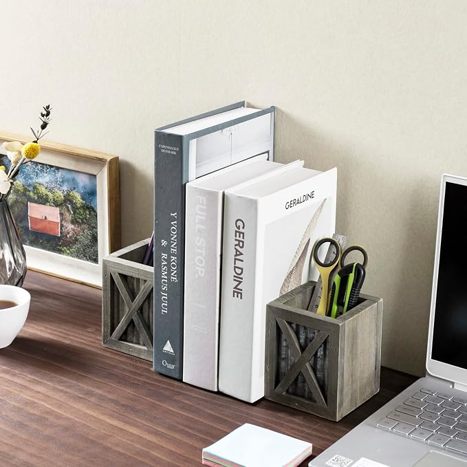 MyGift Vintage Decorative Bookends, Desktop Book Ends with Pen Holder Pencil Cup Stationery Storage Bins for Home Office, Classroom, Dorm Room, Gray Wood with Corrugated Galvanized Metal Accent