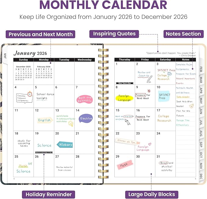 2026 Planner, Weekly and Monthly Planner for Women, Jan 2026 - Dec 2026 Pretty 2026 Calendar Planner with Monthly Tabs, Inner Pocket, Spiral Binding, Perfect for Office Home School - 6.3" x 8.5", Iris Bird