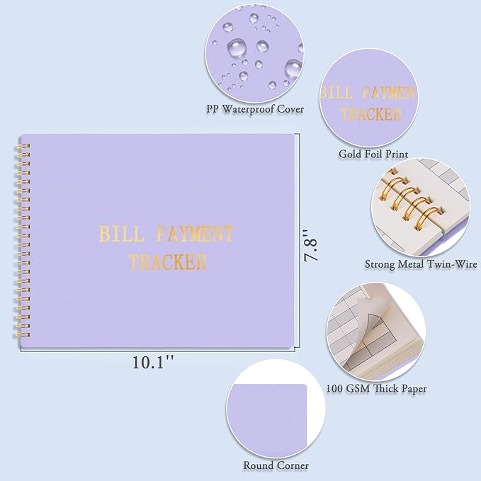 HAUTOCO Bill Tracker Notebook Monthly Bill Payment Tracker for Personal Budgeting Home Financial with 2 Storage Pocket, Payments Checklist Organizer Bill Planner 10.1 x 7.8'', Purple