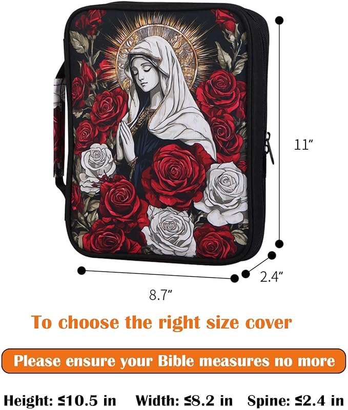 Bible Cover for Women with Zipper and Handle, Virgin Mary Catholic Bible Case with Pockets, Scripture Carrying Case Organizer, Christian Gifts for Women, Church Religious Bible Study Bag