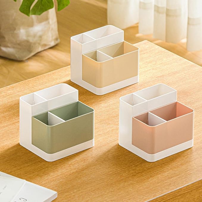 Khakho Desktop Storage Organizer Remote Control Holder Makeup Brushes Organizer Pencil Pen Holder Desktop Storage Box for Desk, Home Office Supplies (White)