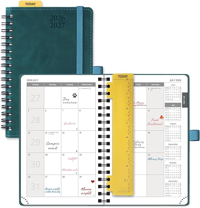 POPRUN 2026-2027 Monthly Planner, Small 4" x 6.25", 18 Month Calendar Agenda (July 2026 - December 2027) with Expense Tracker, Notes Pages, Sprial Bound, Leather Softcover - Petrol Green