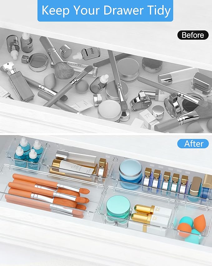 Clear Drawer Organizers Set of 60, 4-Size Vanity Organizer Trays, Stackable Bathroom & Desk Drawer Organizer for Makeup, Jewelry, Kitchen Utensils, Office Supplies and Small Gadgets Storage