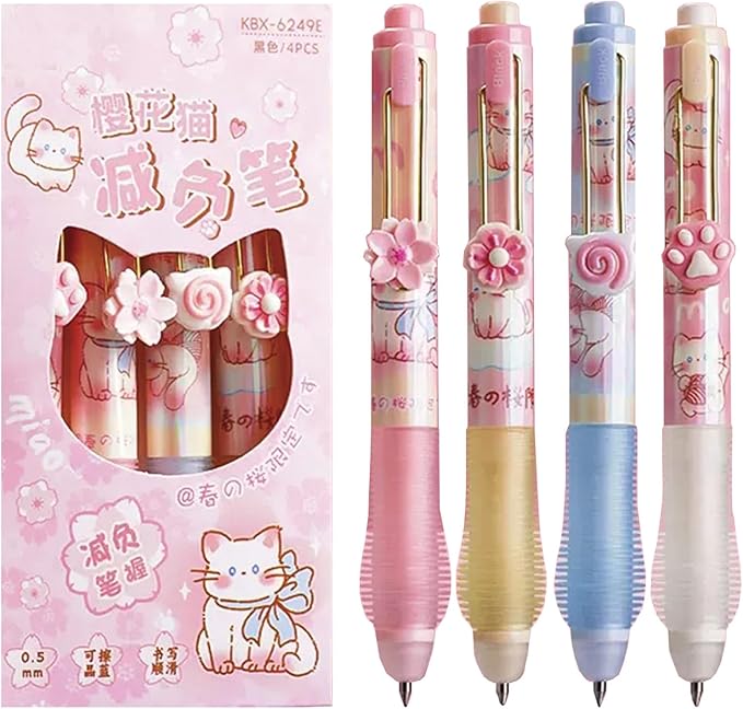 4 Pcs Erasable Pens Retractable Pens Cute Cat Flower Gel Ink Pens Cartoon 3D Pen 0.5mm Smooth Writing Pens Soft Grip Erasable Pen Office School Supplies Women Girls Boys (Black Ink-Cat Flower)
