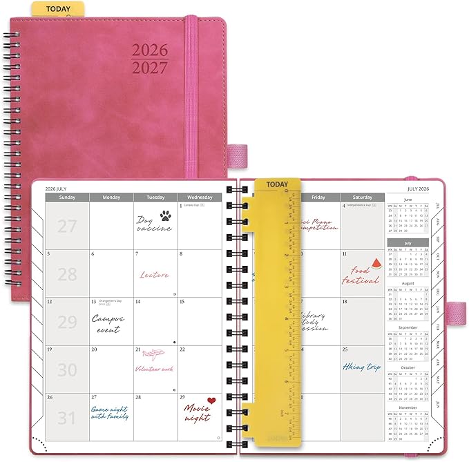 POPRUN 2026-2027 Monthly Planner, 6.5" x 8.5", 18 Month Calendar (July 2026 to December 2027) with Expense Tracker, Notes Pages, Sprial Bound, Leather Softcover - Magenta