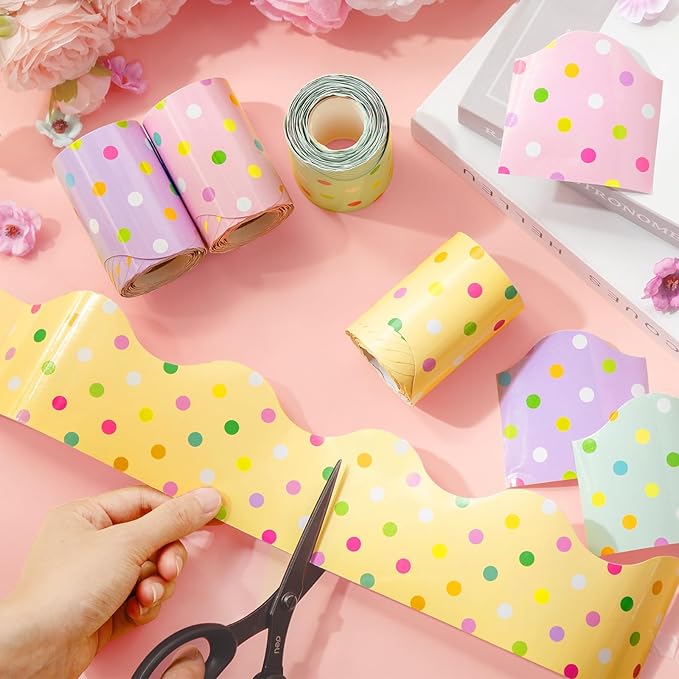 Mooliwe 131 Feet Pastel Dots Bulletin Board Borders Colorful Polka Dot Bulletin Border Board Rainbow Dot Wavy Scalloped Straight Trim Borders for Classroom Office Home Decor