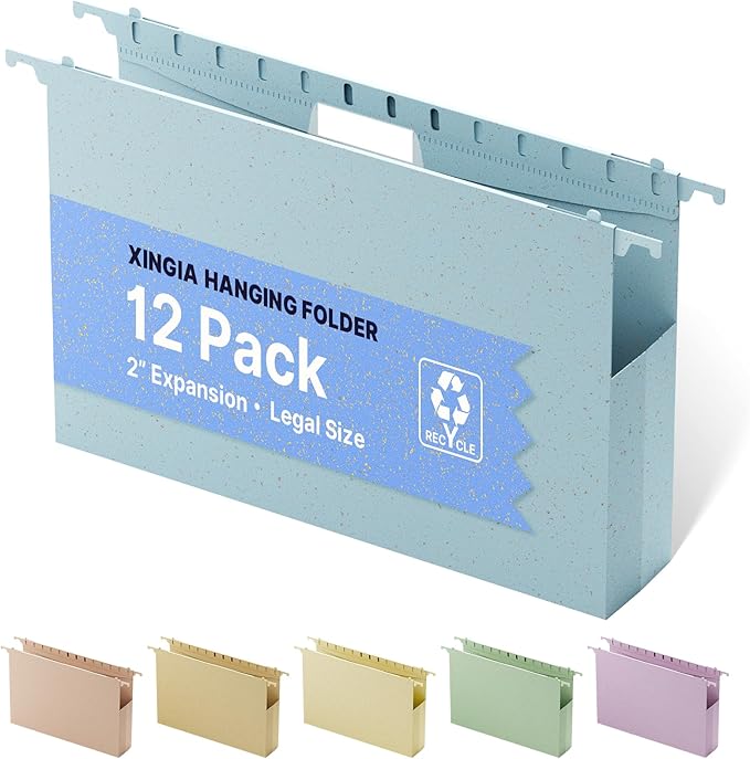 XINGIA Extra Capacity Wheat Straw Hanging File Folders Legal Size,2 Inch Expanding Pocket Folder Heavy Duty,12 Pack Reinforced Plastic File Organizer for Bulk Files/Medical Charts(Morandi Blue)
