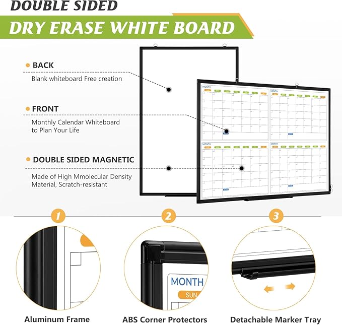 36" x 24" Magnetic Dry Erase Calendar Whiteboard, 4 Month Calendar White Board Planner, Black Aluminum Frame Wall Mounted Board for Office Home and School