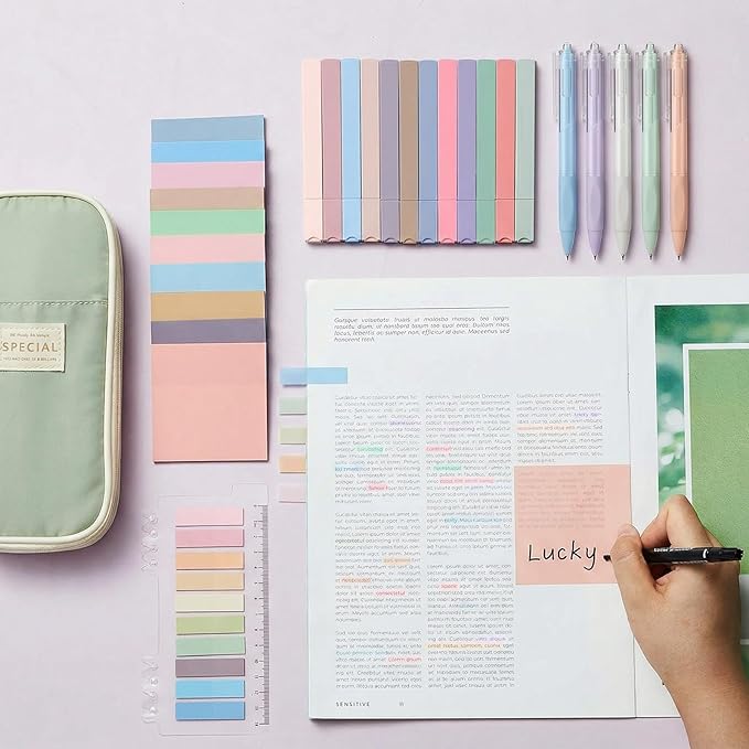 Jutom 39 Pcs Aesthetic Book Annotation Kit Highlighter with Pencil Case Bag Gel Pen Transparent Sticky Note Taking Bible Study College School Supplies (Green,Cute Style)