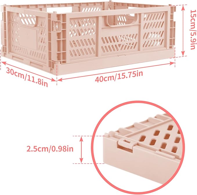 Domiella 4-Pack Crates for Storage, 16x12x6 Storage Crates Plastic Stackable, Folding Crate for Office Home Kitchen Bedroom Bathroom, Pink