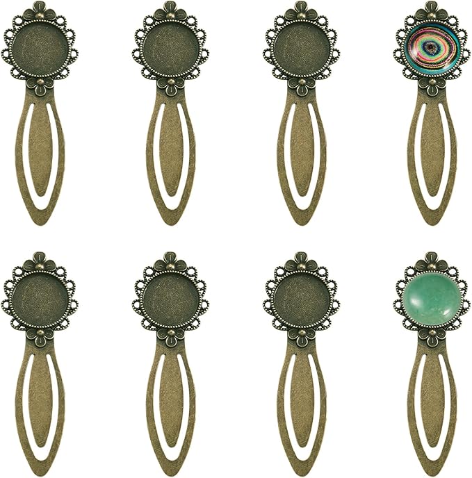 FASHEWELRY 10Pcs Vintage Bookmark Making Kits Pendant Blank Tray 20mm Flower Round Bezel Base Cabochon Setting Charms Metal Bookmark Blanks DIY Antique Bronze