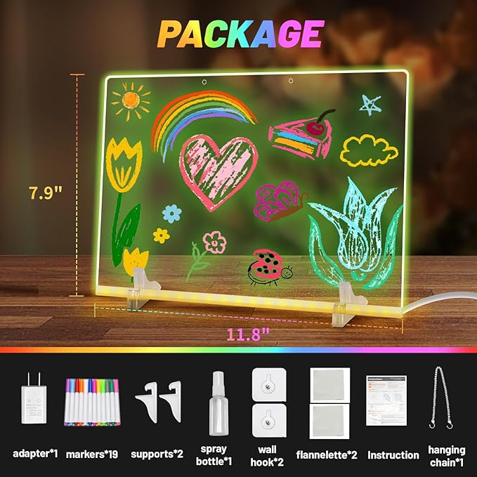 19 Highlighter,Led Note Board with Colors,11.8"X7.9",4 Modes & 7 Colors Lumiboard Led Drawing Board for Kids,Light Up Sign,Acrylic Dry Erase Board with Stand,Include Adapter,Hanging Chain,Spray Bottle