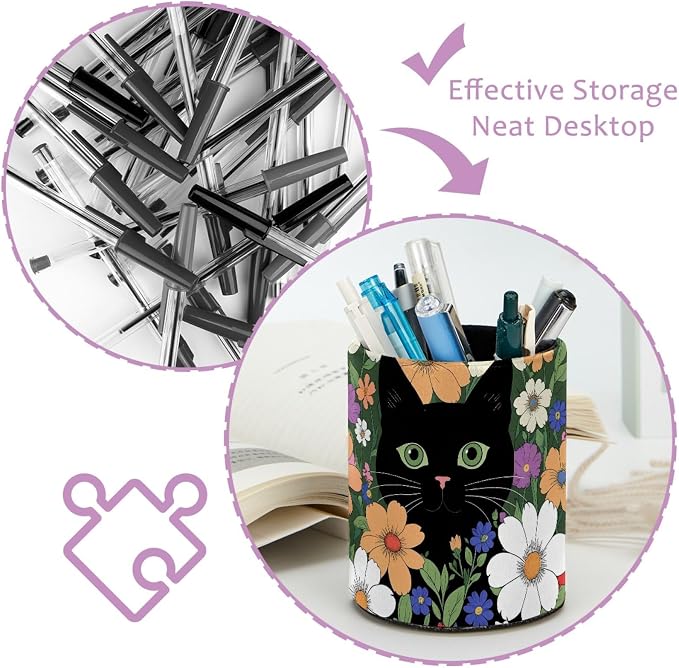 Cat Flower Pen Holder Pencil Organizer Cute Pencil Cup Desk Decor Makeup Brush Holder PU Multifunctional Office Supplies for Home Classroom School