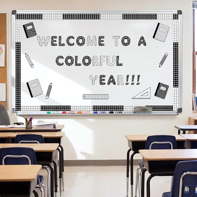 221 Pcs Composition Notebook Bulletin Board Letters, Round Alphabet Number Punctuation Symbol Combo Letter Cutouts, Black and White Classroom Decor for Summer School Chalkboard Poster Wall
