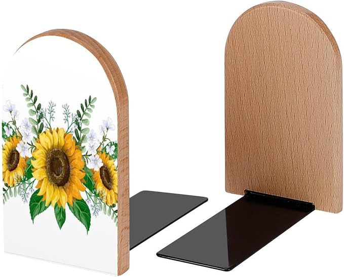 Sunflowers Bouquet Wild Flower Book Ends Decorative Wood Bookends for Shelves Kids Room Desk Home Office Book Stoppers for Magazines,Books, DVDs, 1 Pair/2 Pieces(5x3.1 in)