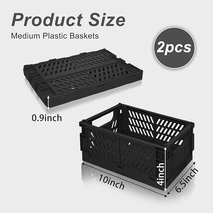 2 Pack Mini Foldable Small Plastic Baskets for Organizing and Storage，Collapsible Storage Crates,Mini Bins for Home Kitchen Bedroom Bathroom Office (Black, Large 10x6.5x4)