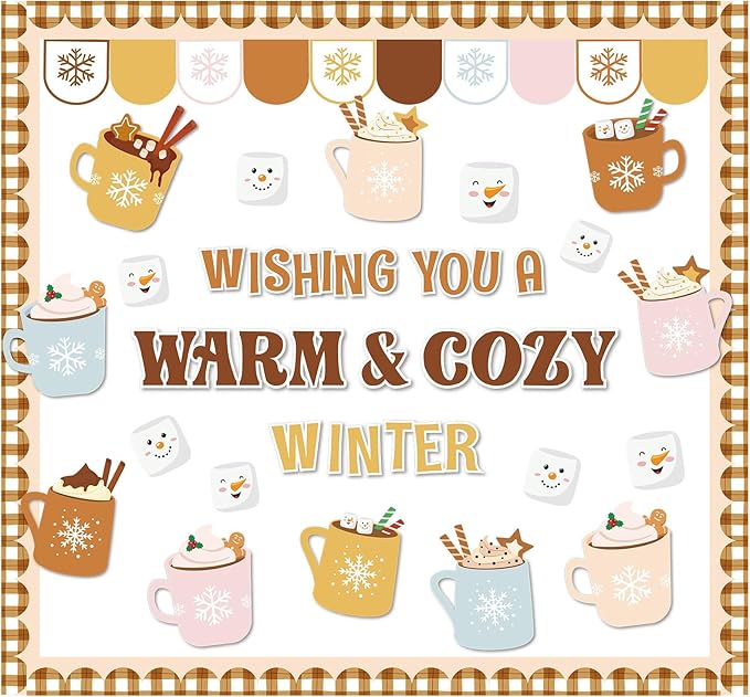 Winter Bulletin Board Set Cocoa Mug Classroom Decorations Hot Cocoa Marshmallow Paper Cutouts for Door Wall Winter Holiday Party Supplies