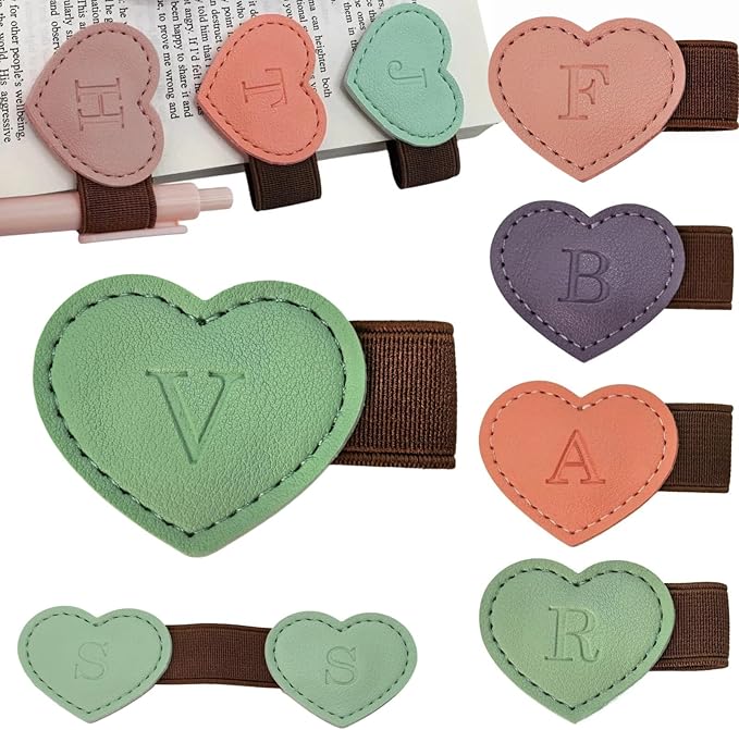 Personalized Magnetic Leather Heart Bookmark with Pen Holder - 26 Letters Custom Book Mark Notebook Pencil Loop with Initial Book Marker for Readers, Book Lovers- Gifts for Women Men(Green,V)