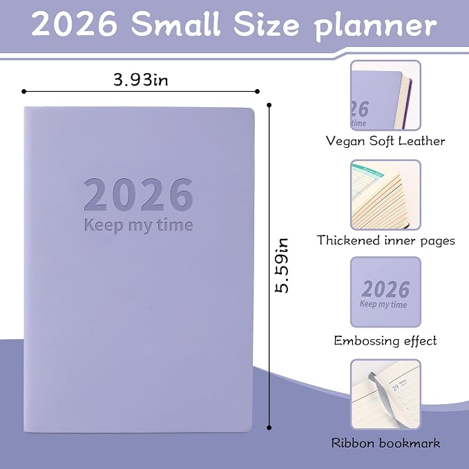 2026 Small Academic Planner Soft Leather Bound 3.9" x 5.5" Weekly and Monthly Calendar Planner Hardcover Cute Planner Goal Habit Tracker Organizer Planning Book with Tabs ,Daily Schedule School Office Schedule for Women Men (Bright purple)