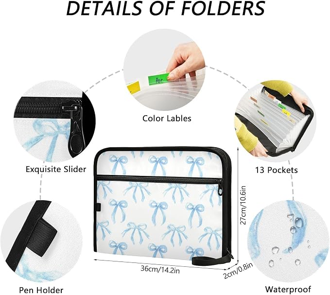 Watercolor Blue Bows Accordion File Organizer Expanding Document Folder with 13 Pockets Portable File Folder for A4 Letter Size