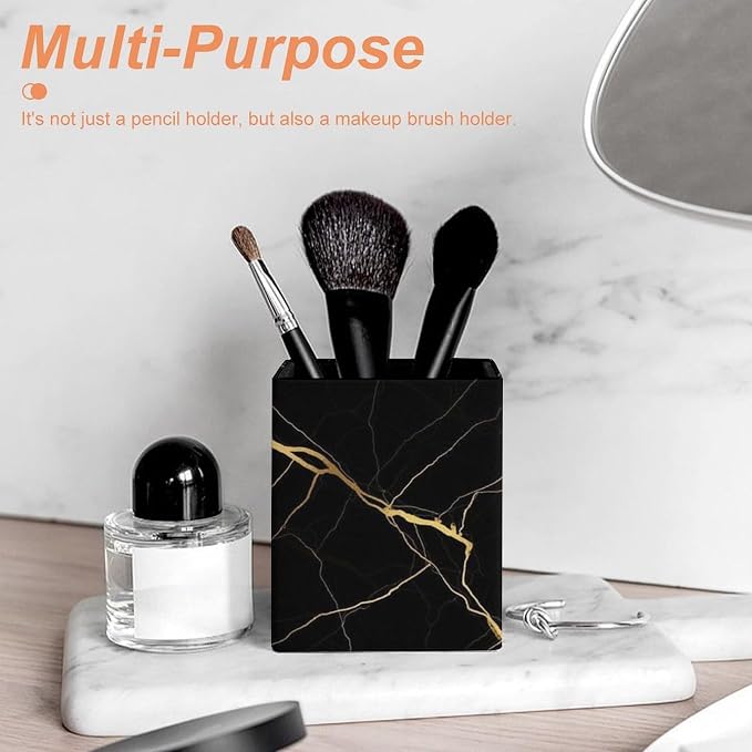 Pen Holder Stand For Desk, Pencil Pen Holder Cup, Desktop Stationery Organizer, Waterproof Multifunctional Office Supplies Black Marble Gold Texture