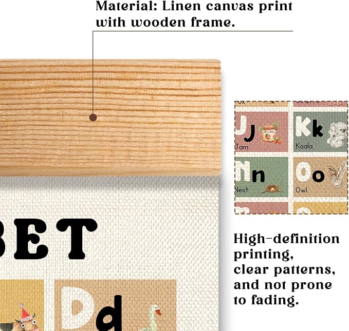 Educational Alphabet Chart Wall Art, 18.5x14Inch Colourful Alphabet Canvas Print Poster with Wooden Henger, Classroom Learning Posters, A-Z Letters Wall Art Decor for Nursery,Playroom and Home School