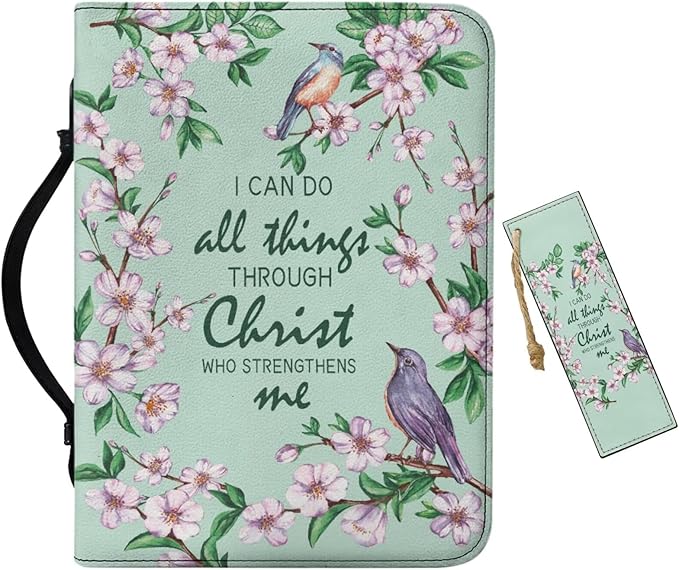 Christian Scriptures Psalms Birds and Flowers Leather Bible Cover with Handles,Green Large Bible Carrying Case for Women, Bible Tote Bag, Christian Gifts