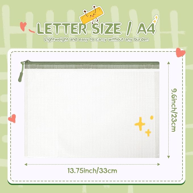 AmazingSpark 36 Pack Sage Green Mesh Zipper Pouch Bags, Green Office Supplies A4 Size Waterproof Zipper Bags with Gradient for Classroom Organization, Board Game Storage, Document Bag School